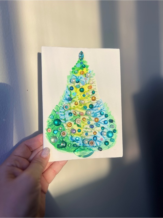 Handmade Other - Handmade Blue & Green Jeweled Christmas Tree – 5x7 Original painting